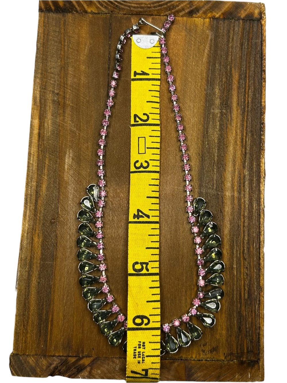 Vintage Pink Rhinestone Olive Green Teardrop Bib Necklace - Picture 8 of 8